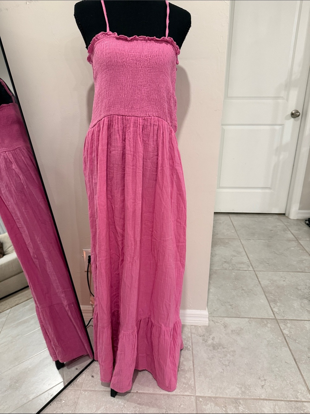 100% Cotton Raviya Pink Smocked Bodice Maxi Dress